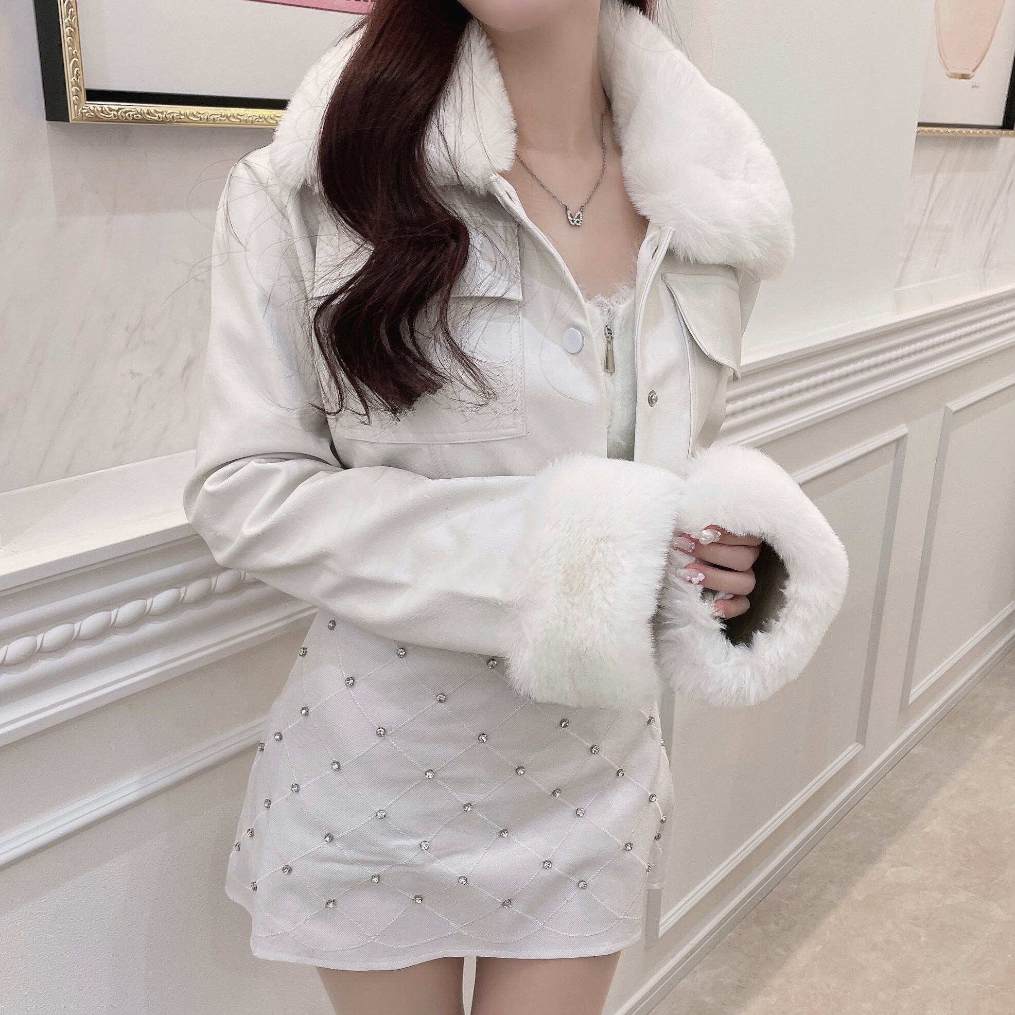 elmyu White fur leatherjacket ライダースジャケット ArcticFrost