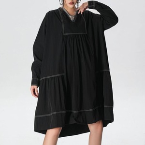BLACK V-NECK LONG SLEEVES MIDI PULLOVER SHIRT DRESS 1color M-14686
