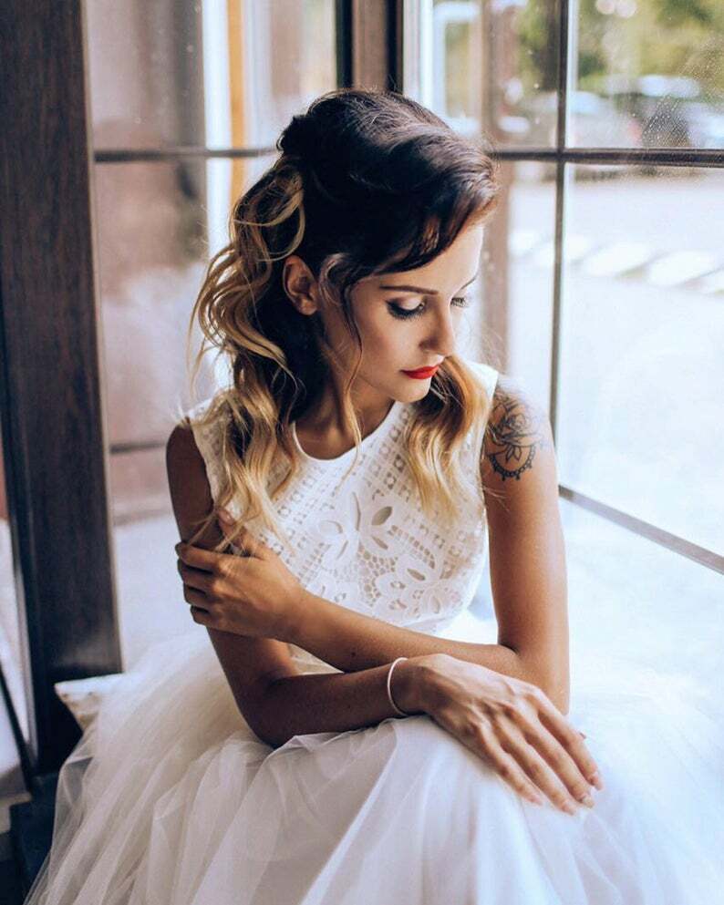 高品質！ ウエディングドレス ホワイト レース トップス+スカート 人気  