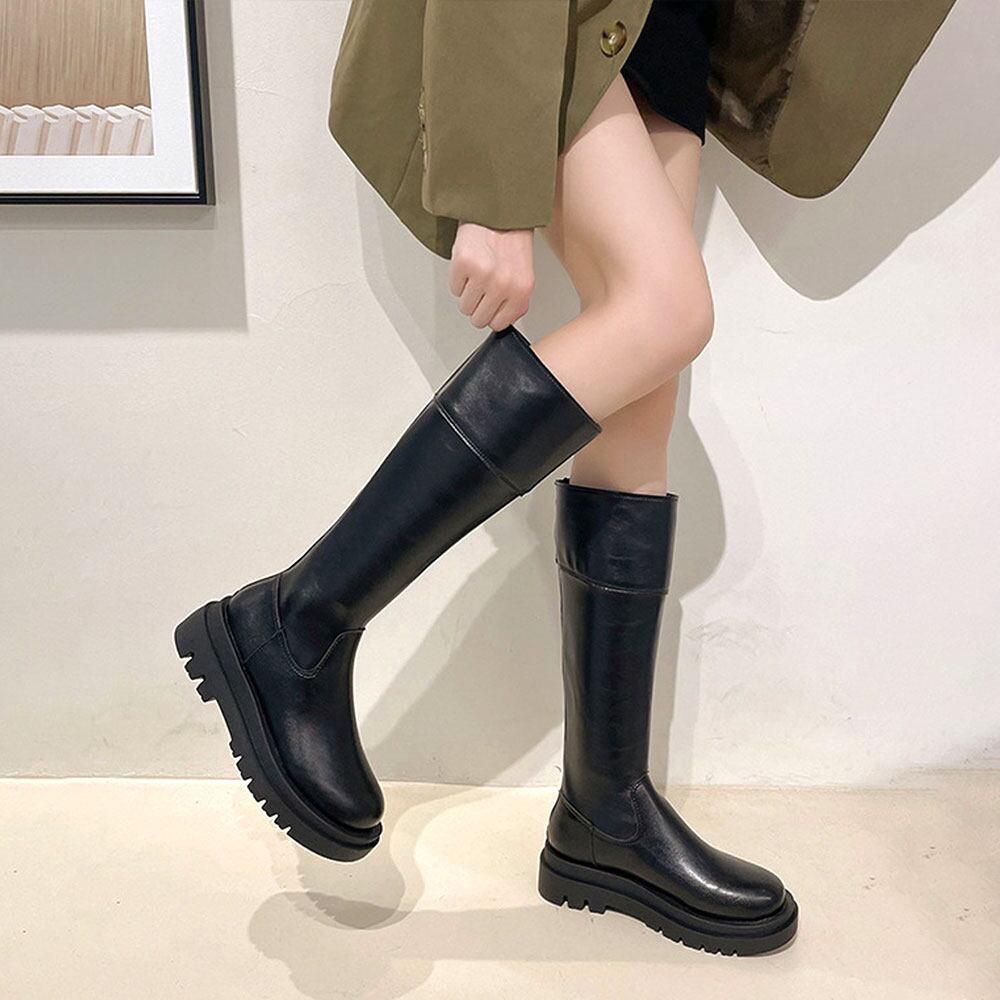 ジョッキーブーツ レディース 秋冬 韓国 厚底 PUレザー ロングブーツ 大人 きれいめ シンプル 通勤 太ヒール 歩きやすい 履きやすい 大人可愛い 大人女子