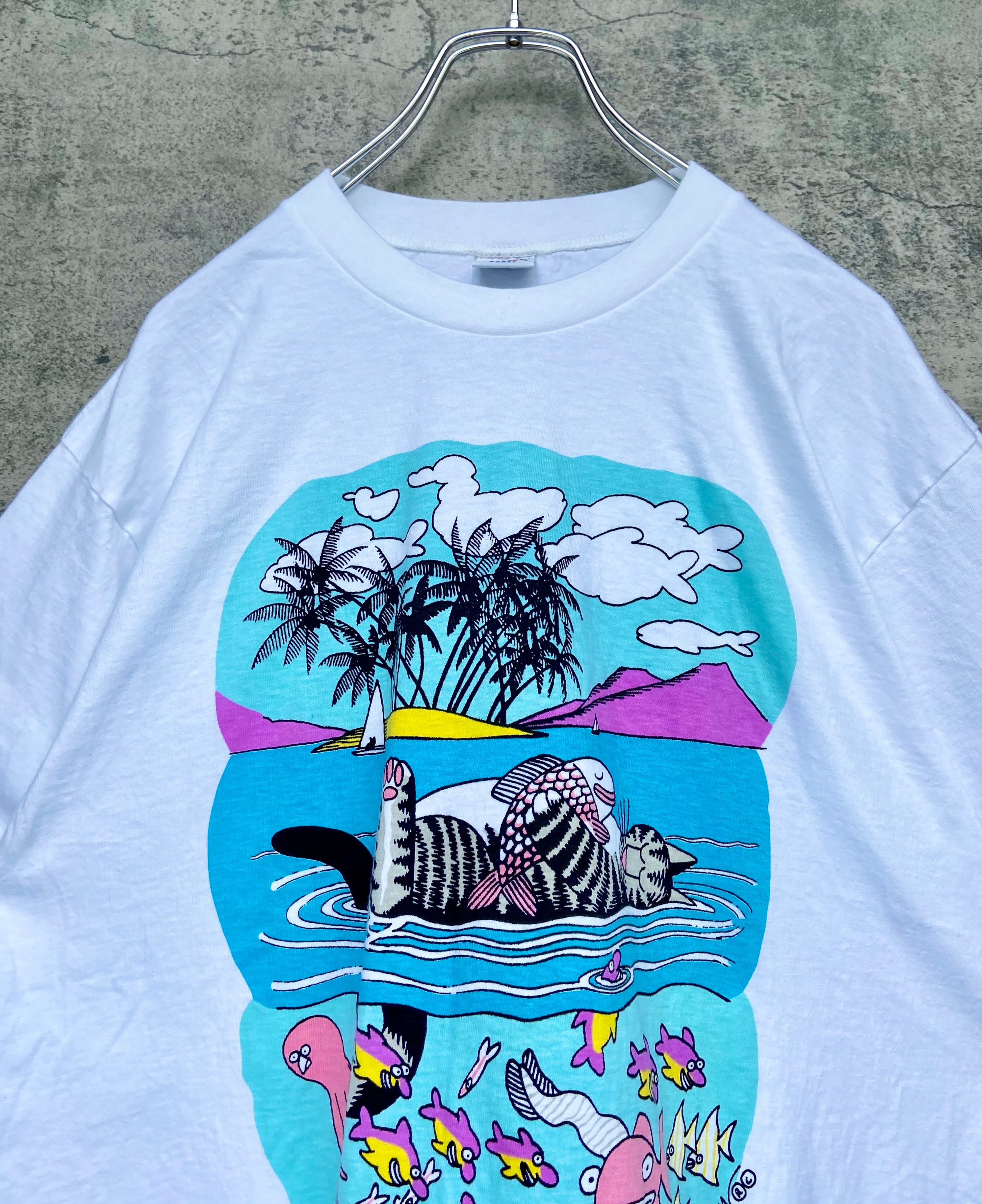 90s USA製 CRAZY SHIRTS/クレイジーシャツ クリバンキャット 両面ロゴTシャツ