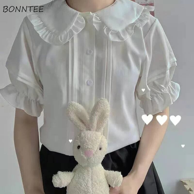 【新作】【送料無料】 シャツ女性和風ピュアスリム夏かわいい女子高生 JK デイリー Blusas 半袖カジュアルプレッピー Mujer ピーターパン襟 0247683317150