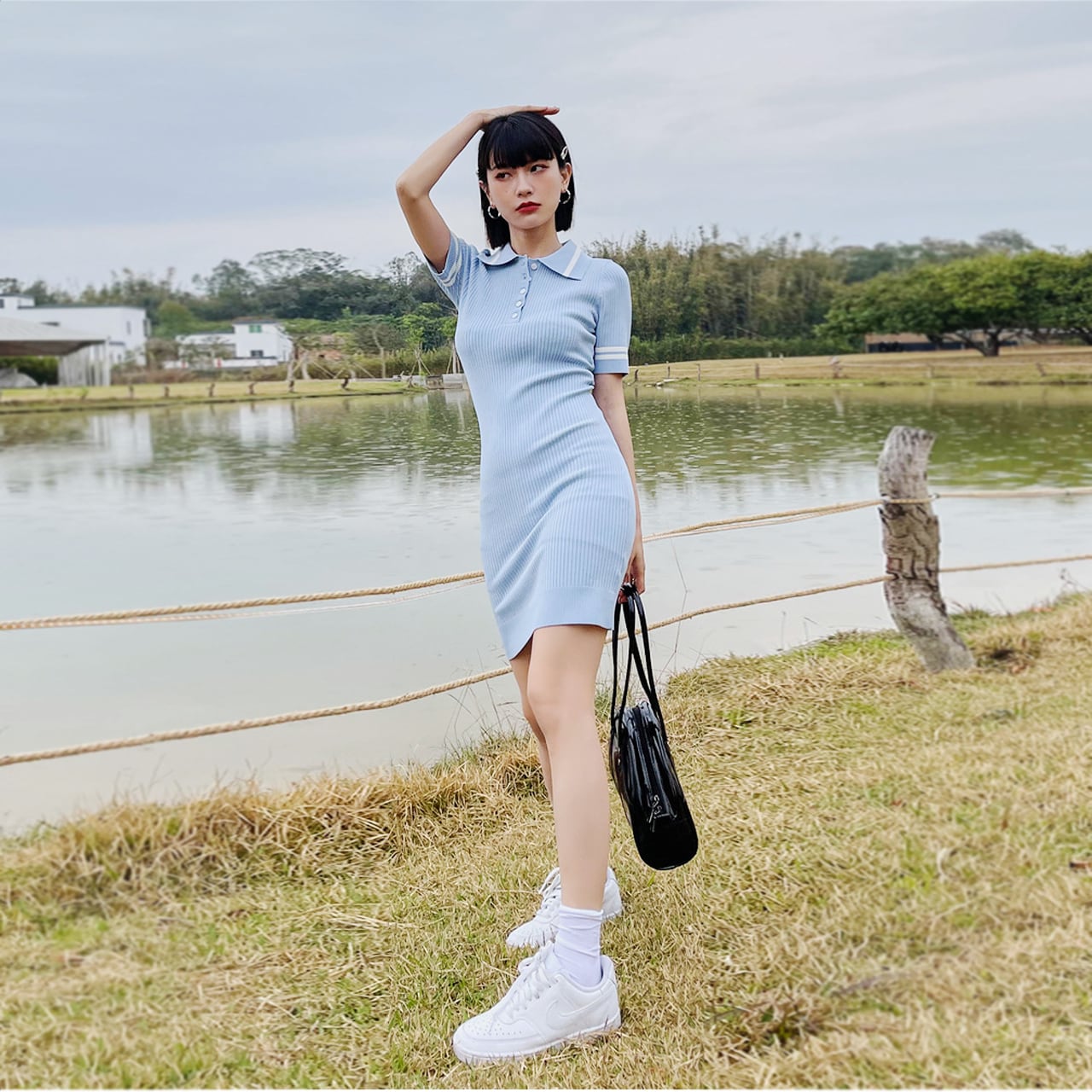 Regit Tight Mini One Piece Sky Blue 韓国服 ワンピース ミニ タイト 襟付き スカート 夏 半袖 10代 代 プチプラ 着回し 着映え 着痩せ 映える ネット通販 S S Regit