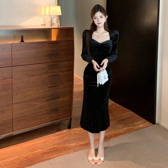 ドット柄ロングワンピースブラック