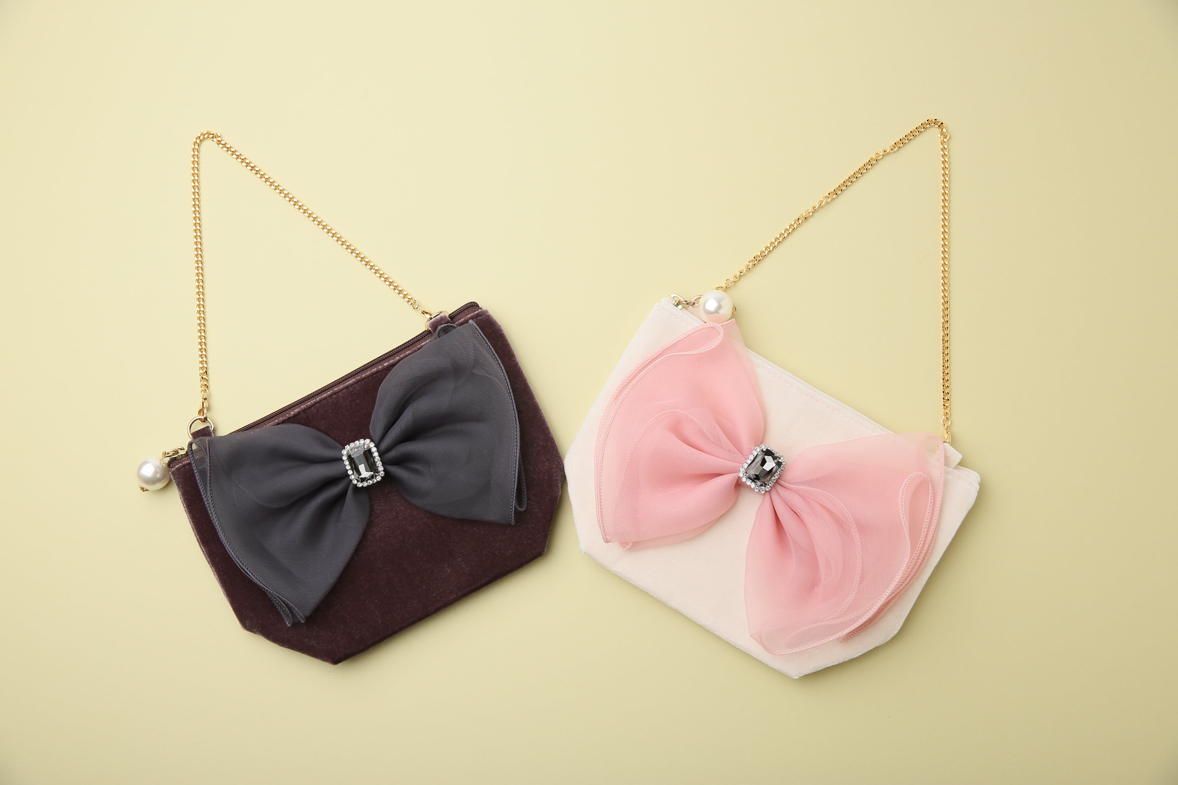 CLOSE SALE★pc0028 ベロアチェーンポーチ《チュールミルフィーユリボン》《メレバケットストーンS》