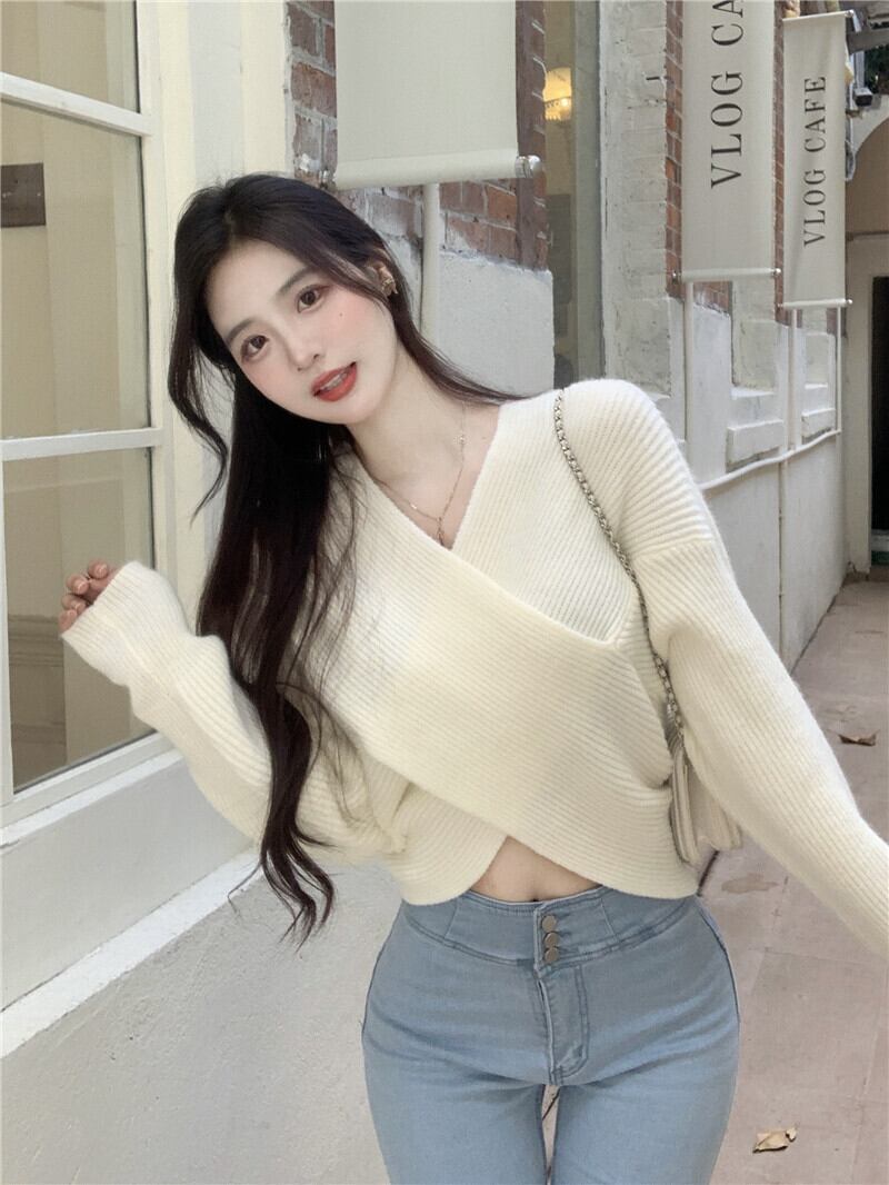 セーター クロスVネックホワイトシャツ オータム ロング 秋物 ガールズファッション52003007031