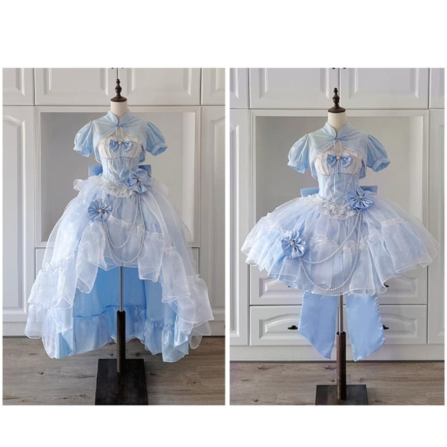 華ロリ ワンピース フィッシュテール 中華風 ロリィタ ドレス サックス