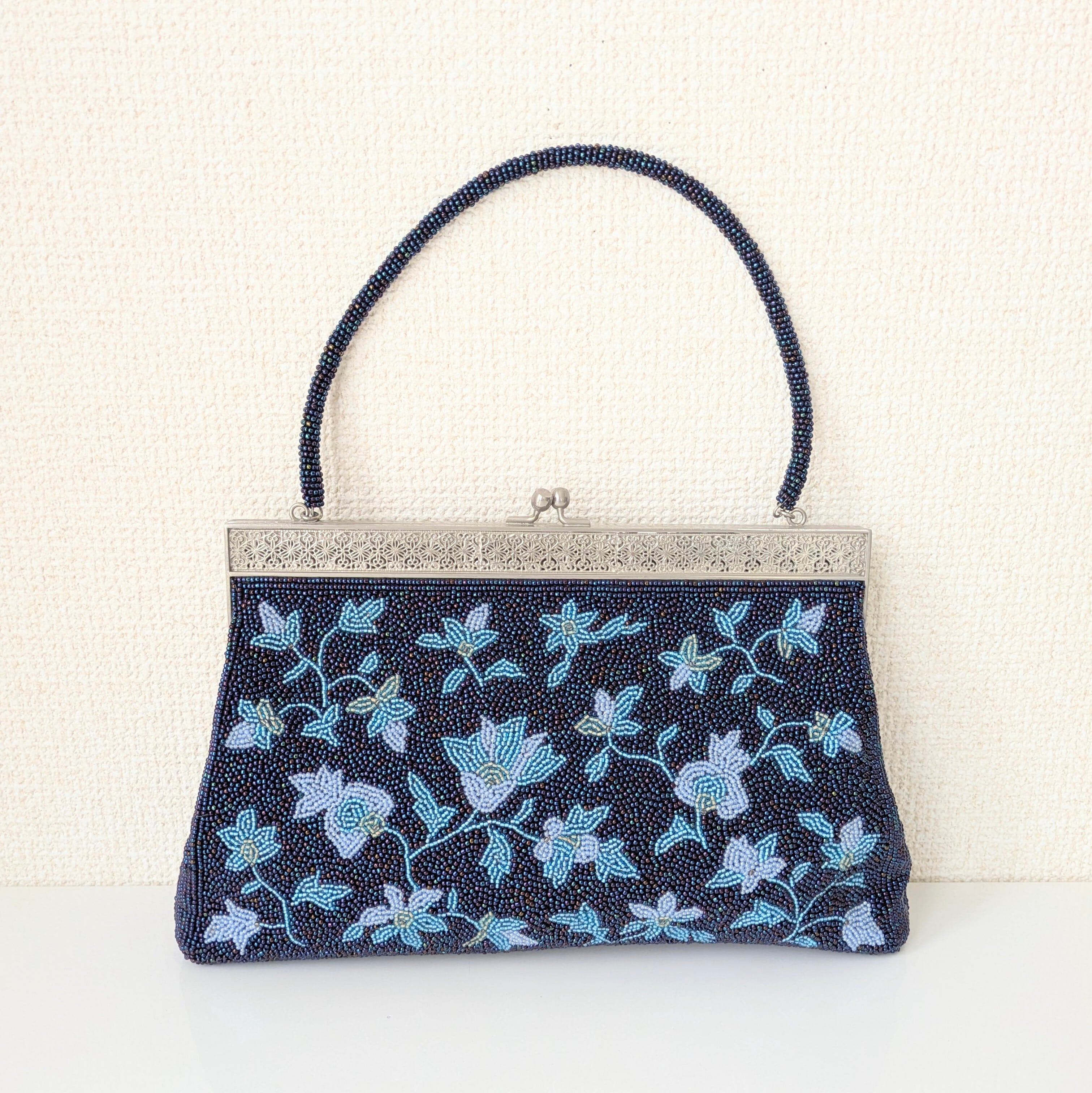 Vintage】ビーズ刺繍バッグ 青 花柄 パーティーバッグ クラッチバッグ