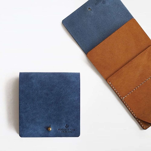 薄い 二つ折り財布【ブルー×ブラウン】ブランド メンズ レディース 鍵 コンパクト レザー 革 ハンドメイド 手縫い