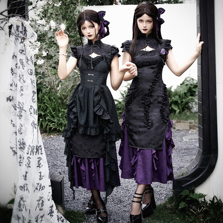 SEASONZ チャイナ風 サスペンダースカート レース アシンメトリー PUJIオリジナル