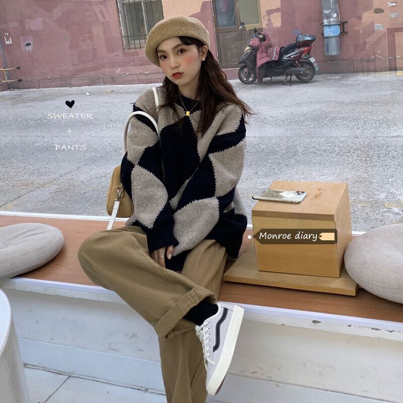 スタイルスタンダードカラーニットプルオーバー ジャケット オータムウィンタールーズトップス ロング レトロ 秋物 冬物 モンロー9529358772