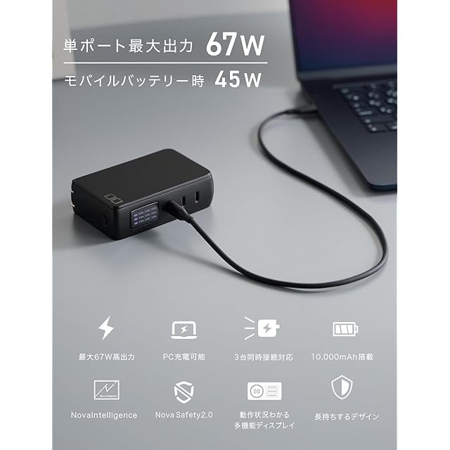 CIO モバイルバッテリー コンセント 一体型 65W 急速充電器 10000mAh