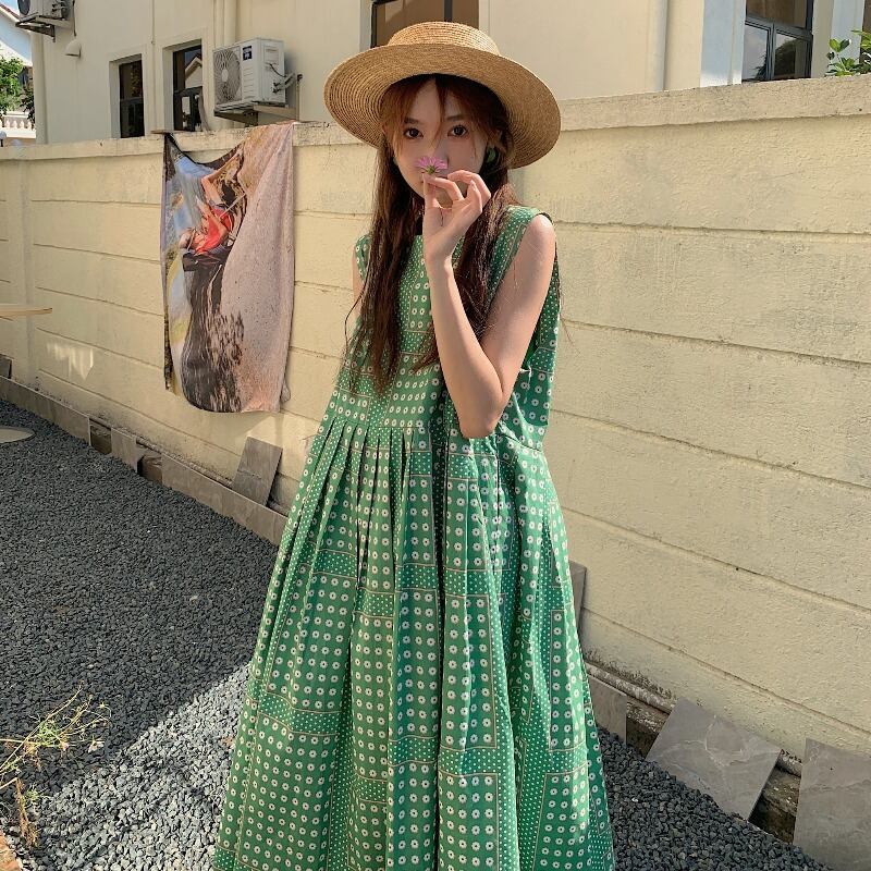 グリーンフローラルウェストドレス サマーAラインロングスカート 夏物 花柄 モンロー6917778736