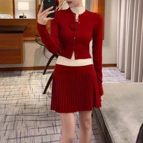 【3点セット】ソリッドニットカーデ＋インナー＋プリーツスカート ・74108