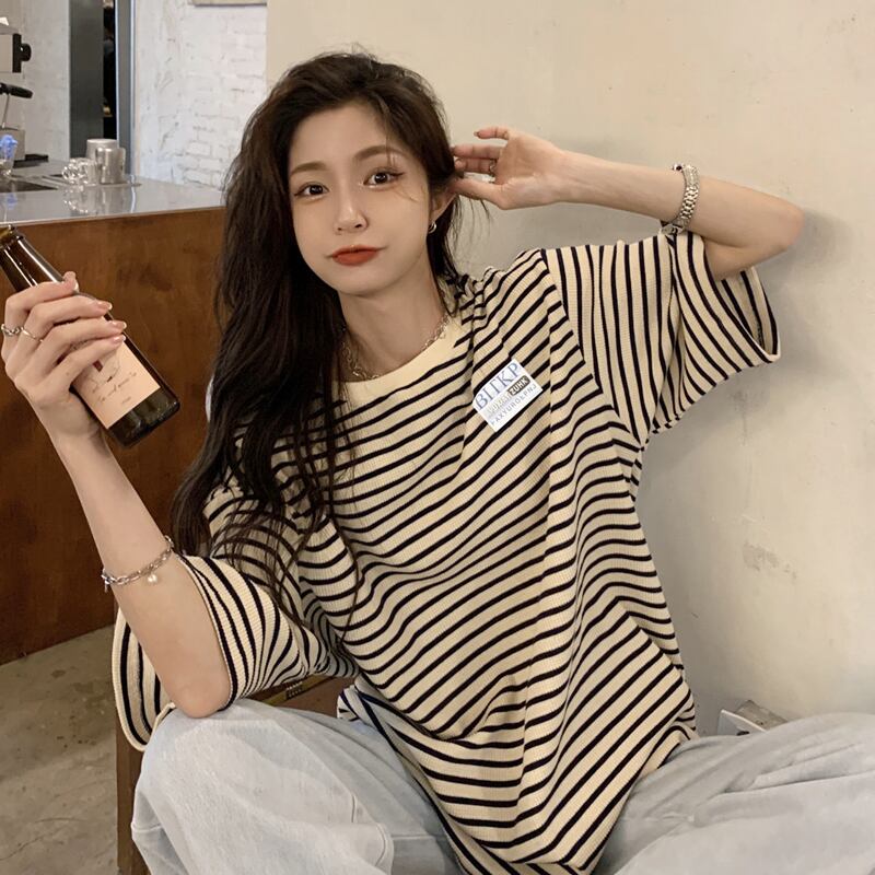 ストライプTシャツ サマーレッドスタイルルーズ 夏物 試着室62471947831