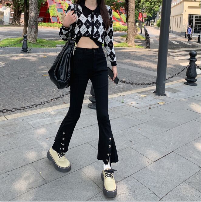 ジーンズ スプリングオータムハイウェスト薄手ブラック レッド 春物 秋物 モンロー49885249889