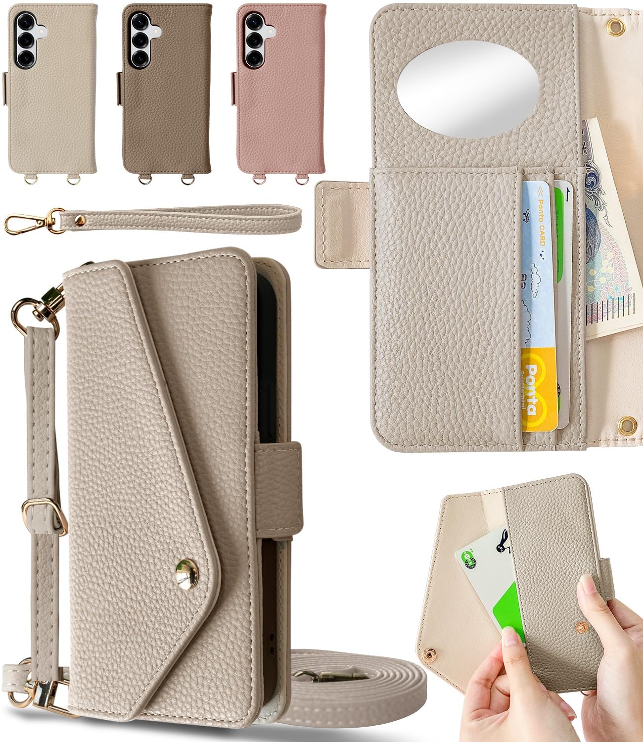 LIISEA 手帳型 ケース galaxy 対応 a55 手帳 サムスン スマホケース ショルダー カード 収納 SCG27 外側 収納ポケット 2本 ストラップ 付き 鏡 ミラー SC-53E 5g a55 スマホショルダー 肩掛け 斜め掛け 携帯ケース 可愛い おしゃれ くすみカラー 大人かわいい スナップボタン 落下防止 耐衝撃 全面保護 スマホカバー スタンド機能 女性 人気 贈り物