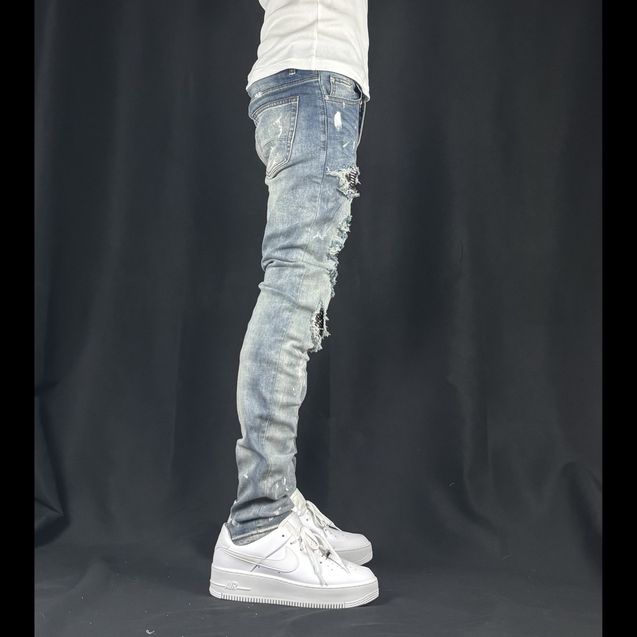 high street paint black rhinestone distressed light blue denim【ES069】 - 11