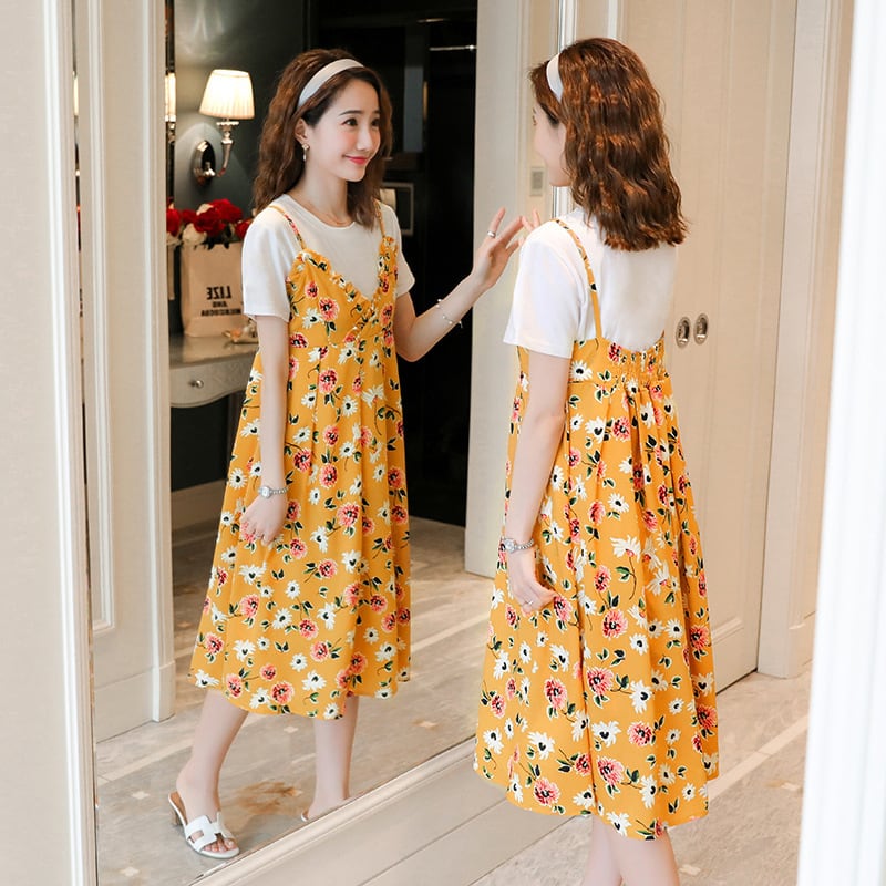 【新作】【送料無料】 マタニティドレス2019夏の新しいマタニティドレスラウンドネック半袖+フローラルスリングシフォンスカートツーピースセット-アリババ ショート ハーフスリーブ サマー 夏物 花柄 Oネック expec274515403833