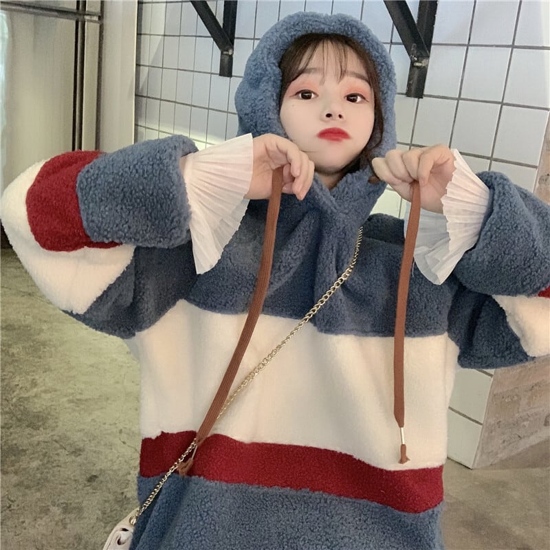 ボアパーカー もこもこ マルチカラー ボーダー オーバーサイズ 韓国