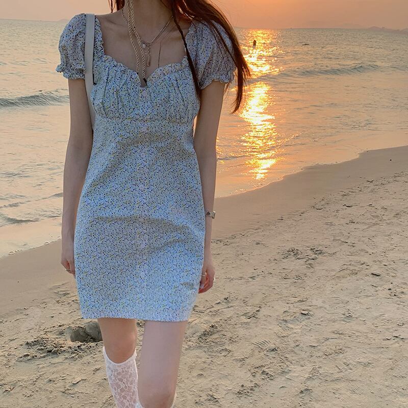 スリーブフローラルドレス サマースタイルウェストAラインスカート 大人ガーリー スウィート キュート カジュアル 夏物 花柄 クレセントシティ5172487864