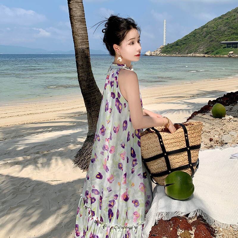 ロングドレスサンドレス花柄ホルターネックセクシー着痩せ気質ビーチ海