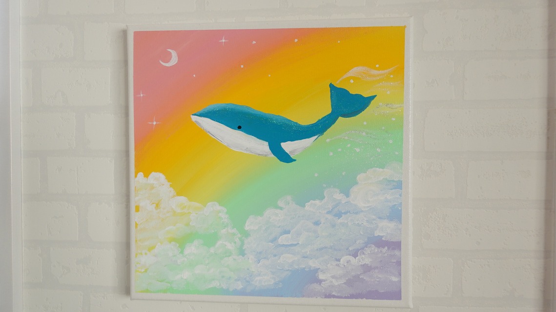 虹色の空を飛ぶクジラ ラメ入り アクリル画 原画 イラスト 幻想的 30 30センチ 動物 小鳥 グッズのお店 きゃぴあーと
