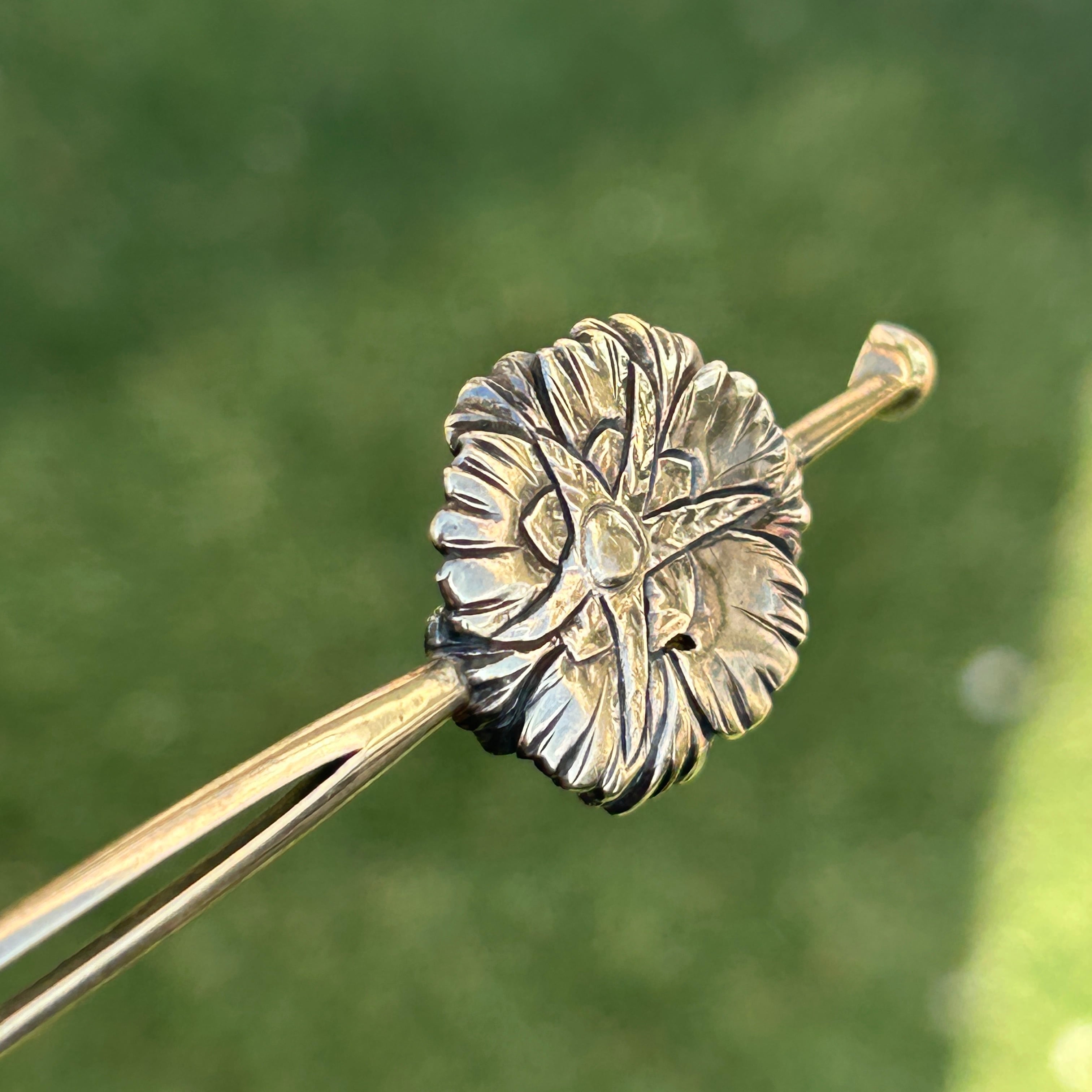 アンティーク　銀無垢　牡丹の平簪