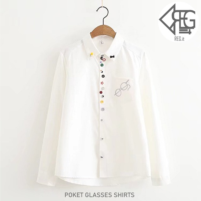 【REGIT】【即納】POCKET GLASSES SHIRT-WHITE 韓国服 トップス シャツ ブラウス ボタン デコ かわいい 森ガール 10代 20代 プチプラ 着回し 着映え 春 ネット通販 S/S