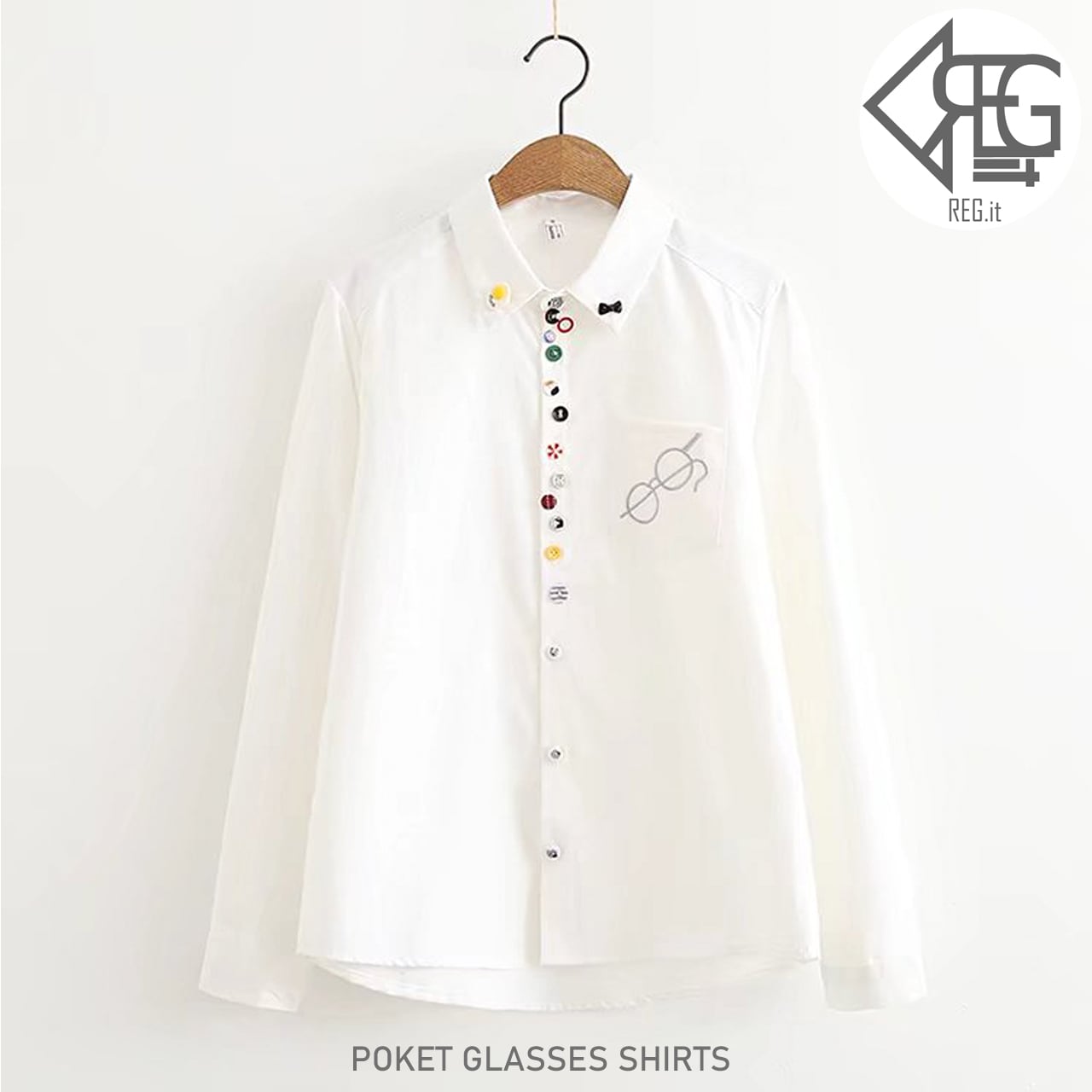 Regit 即納 Pocket Glasses Shirt White 韓国服 トップス シャツ ブラウス ボタン デコ かわいい 森ガール 10代 代 プチプラ 着回し 着映え 春 ネット通販 S S Regit