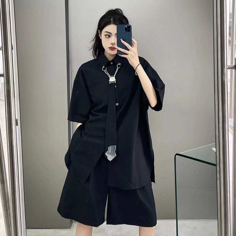 サブカル 服 地雷系 通販 ハーフパンツ ショートパンツ 無地 ひざ丈 5分丈 シンプル かっこいい クール ゆったり大きめ