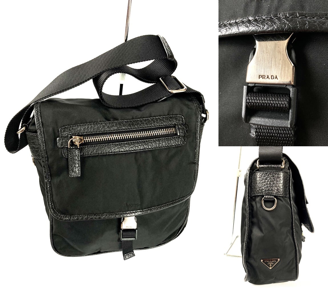 PRADA プラダ ロゴプレート テスート ナイロン × レザー ショルダーバッグ NERO ブラック メンズ