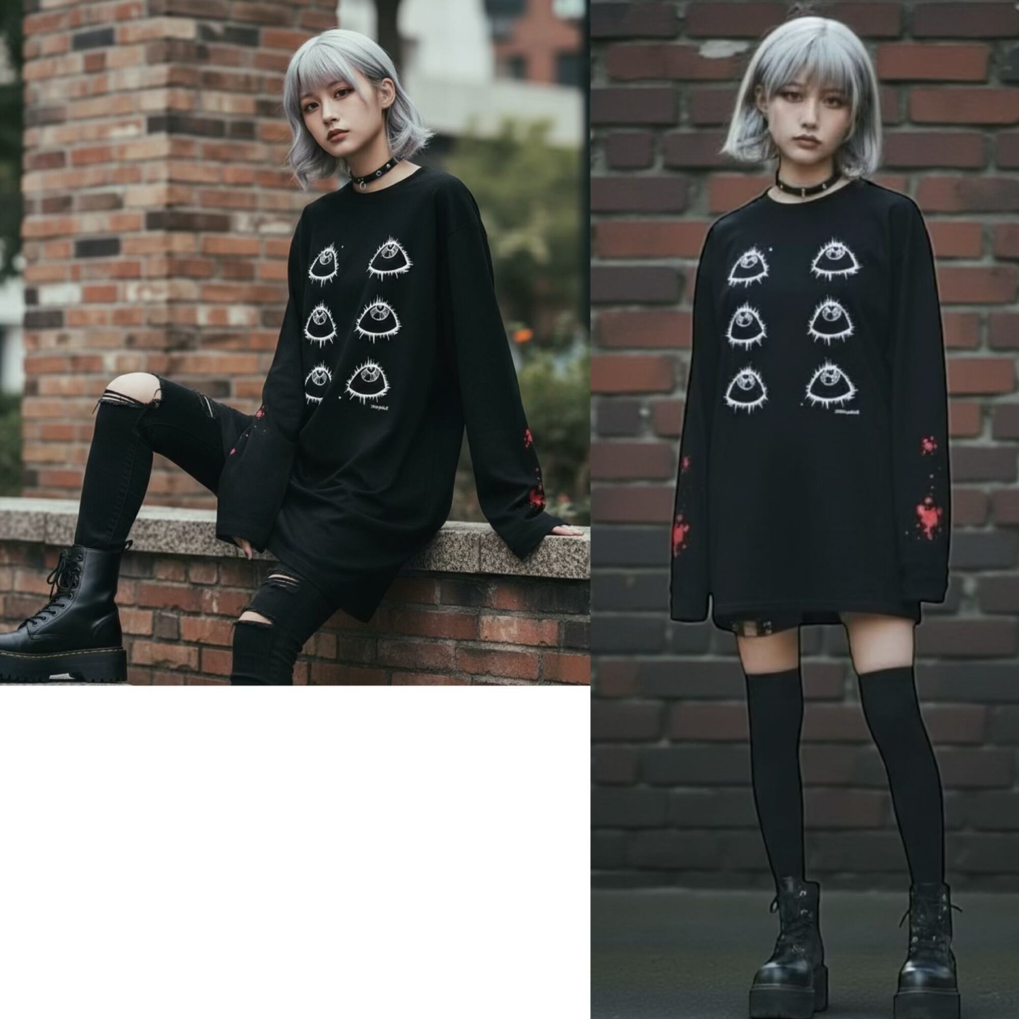 ロンT ロングTシャツ 病みかわいい 地雷 ブラック 目 オリジナル