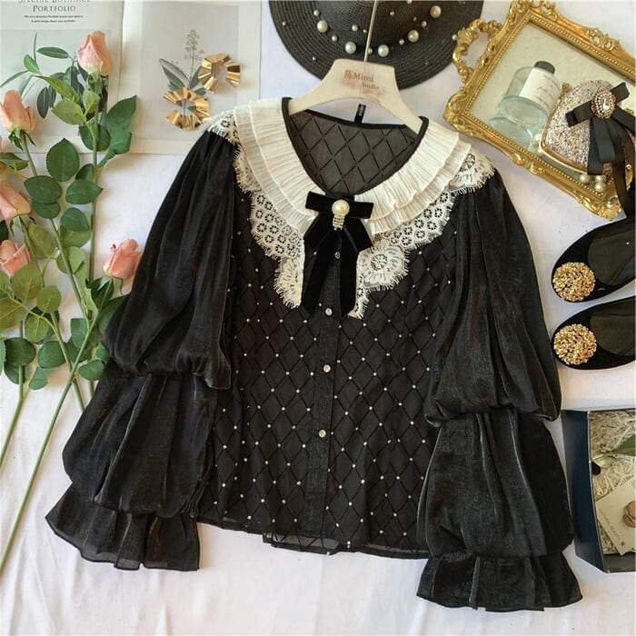 ゴスロリ通販 With U ブラウス ドレッシー シフォン バルーンスリーブ フェイクパール リボン 病みかわいい パーティー 女子会 10代 20代 ゴスロリ服 病み服