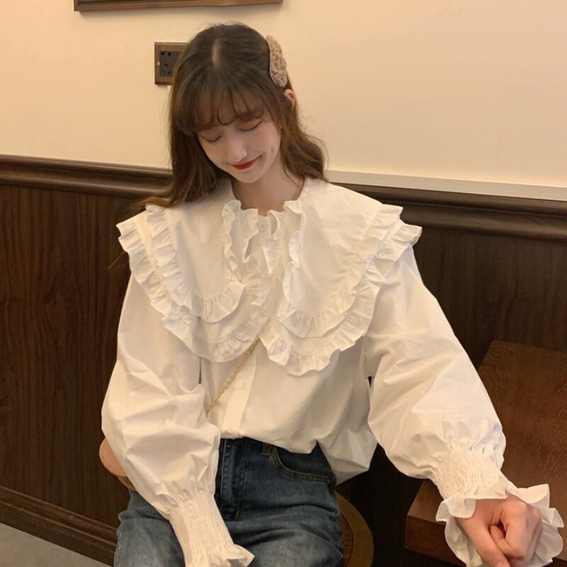 オータムスタイルカラースリムホワイトシャツ ブラウス レディース ロング 大人ガーリー スウィート キュート カジュアル 秋物 YY-ファッション4468483597