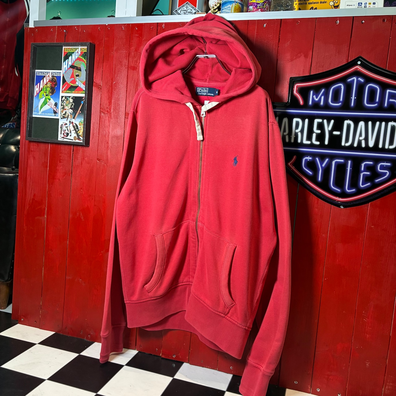 90s POLO RALPH LAUREN ジップパーカー フェードレッド 紺ポニー フード裏サーマル