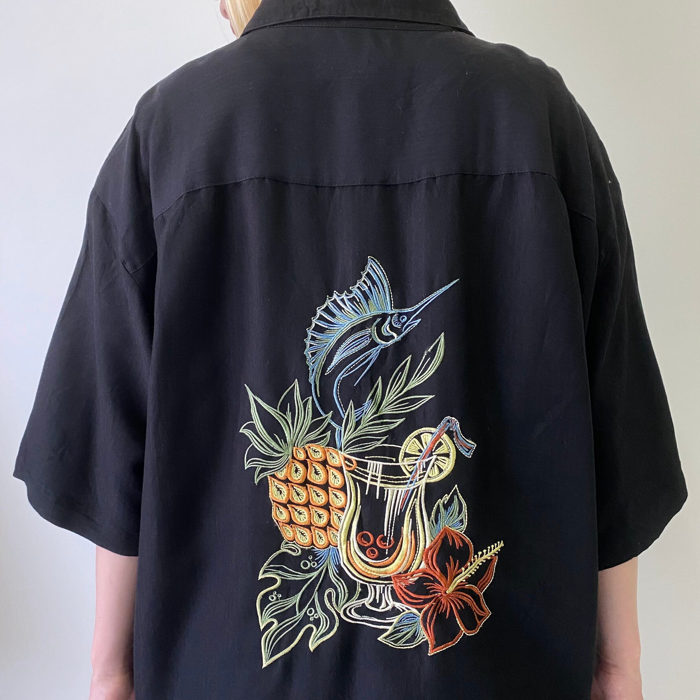 Weekwnder 半袖 レーヨン バック刺繍 ワンポイント 開襟 アロハシャツ 