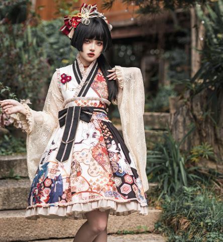 ジャンスカ 3色 JSK ドレス 鶴 通年 和ロリ 和風 和柄 バイカラー