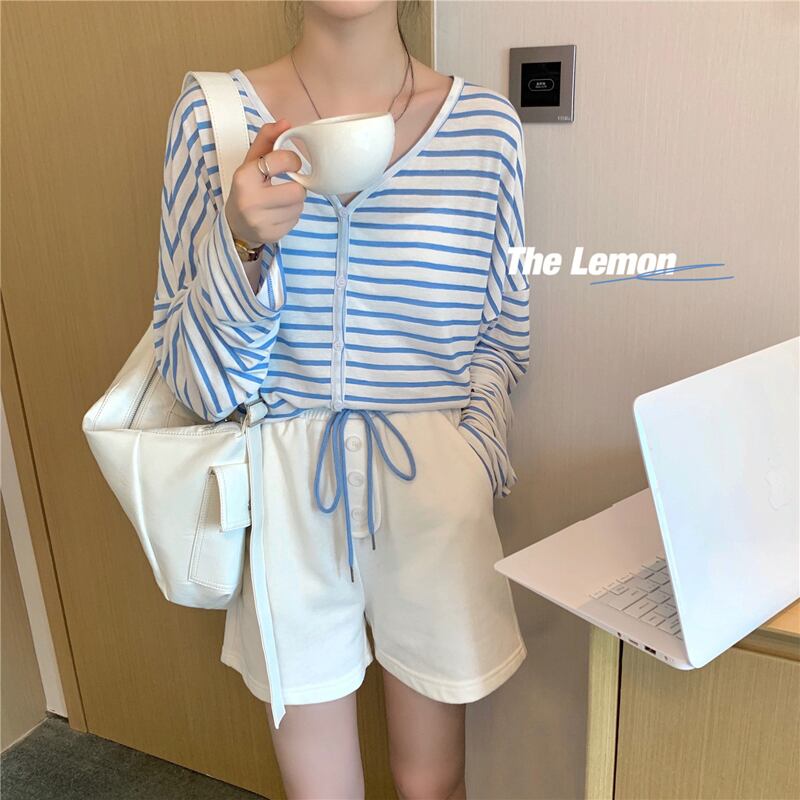 サマーVネックストライプTシャツ レディース ロング 夏物 ビッグFスモールZ韓国74241283752