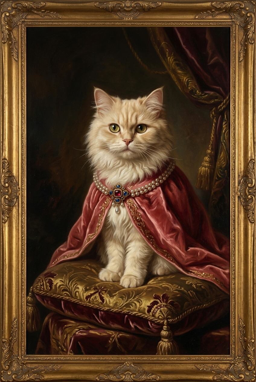 猫（ペルシャ猫）のルネサンス風肖像画 油絵風アートA4額装インテリア