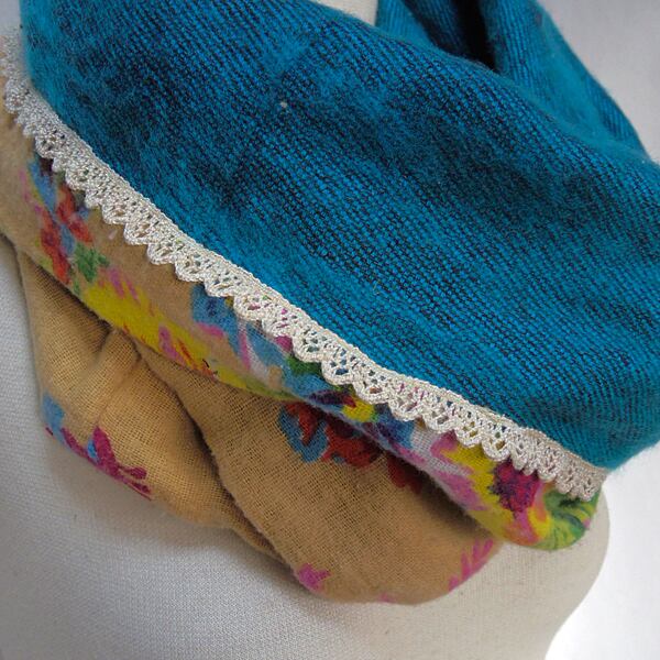 花柄と無地の起毛スヌード 黄色/ターコイズ ネックウォーマー | SiSawat