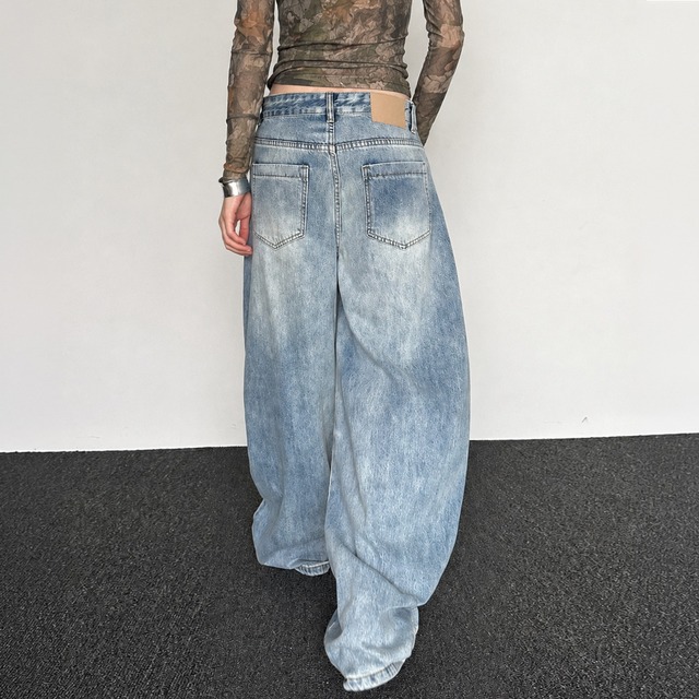 Washed volume denim pants A00008