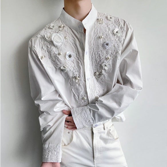 フラワーモチーフビーズ付きスタンドカラーシャツ 1color MTO0375