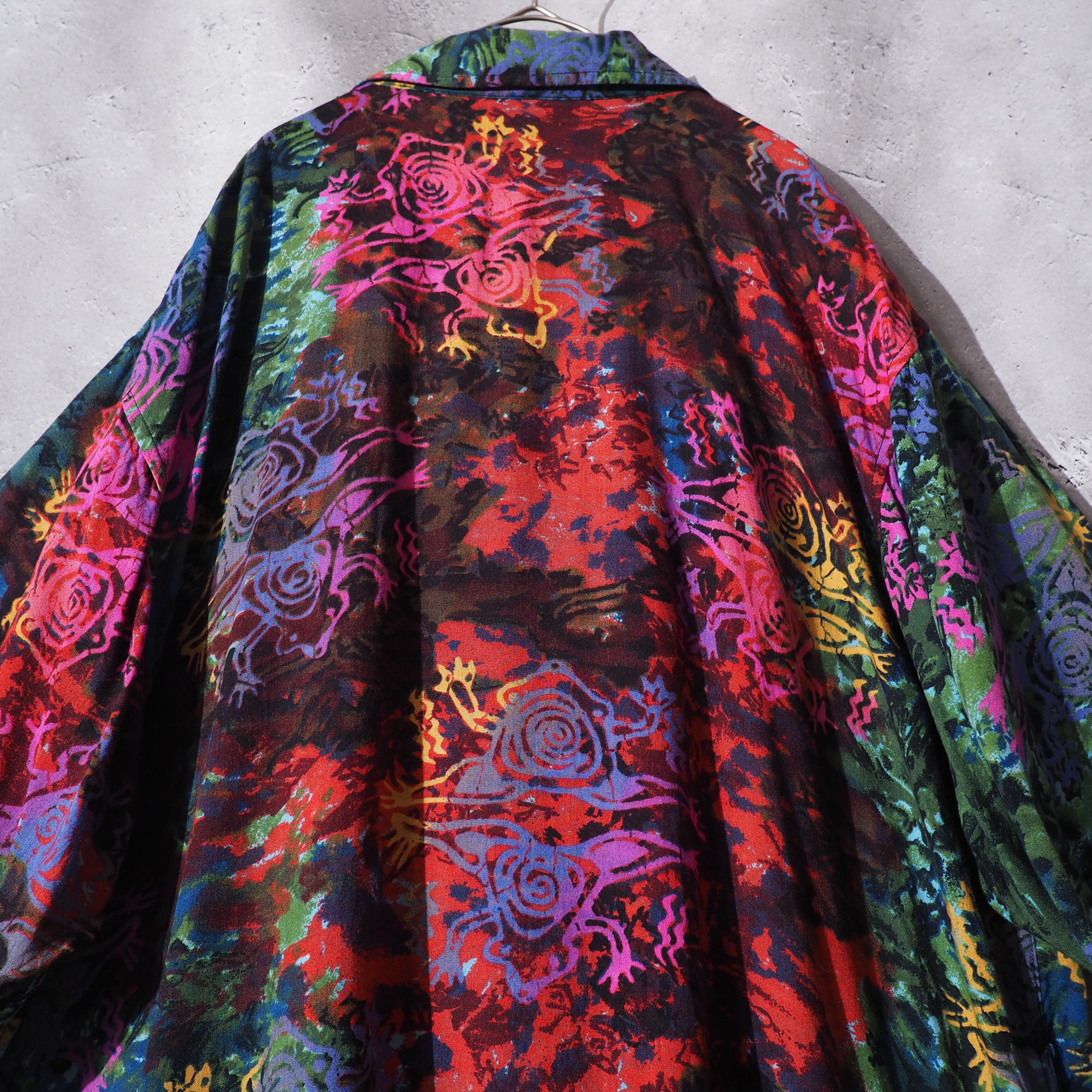 Eethnic richly colored design open collar rayon shirt