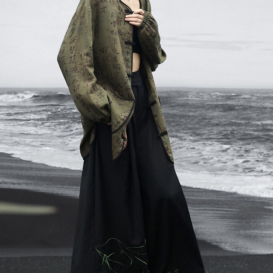 サブカル 服 地雷系 通販 ワイドパンツ ボトムス フレア ルーズ 柳の葉 ポケット チャイナ風 中華風デザイン 大人かわいい