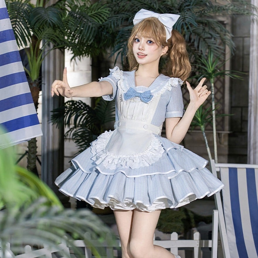 クラロリ メイドワンピース ミニスカート 4点セット ライトブルー お茶