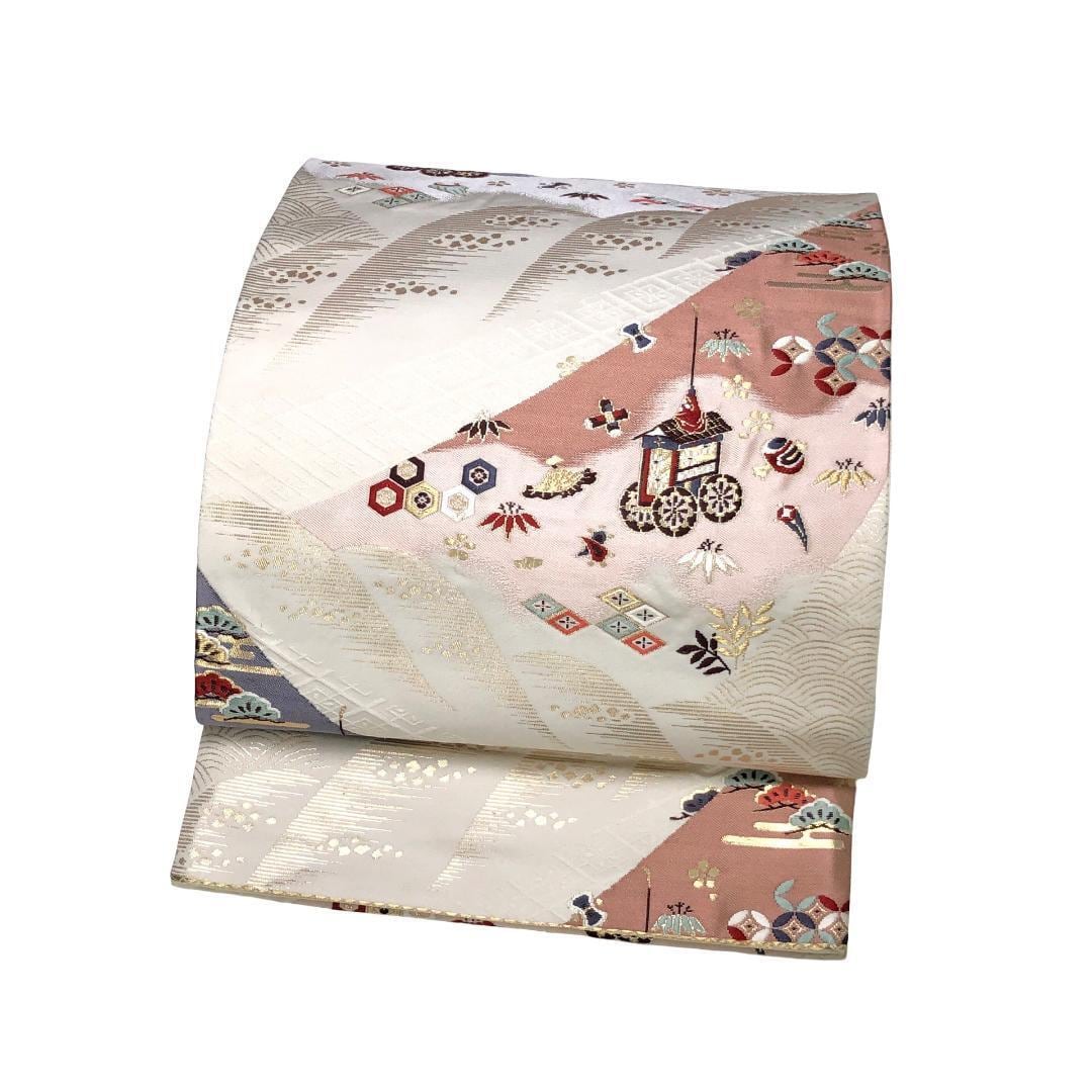 袋帯 西陣 宮本貞男 純金 二重箔 御所車 宝尽くし 金糸 乳白色 O-5439 袋帯 西陣 宮本貞男 純金 二重箔 御所車 宝尽くし 金糸 乳白色 O