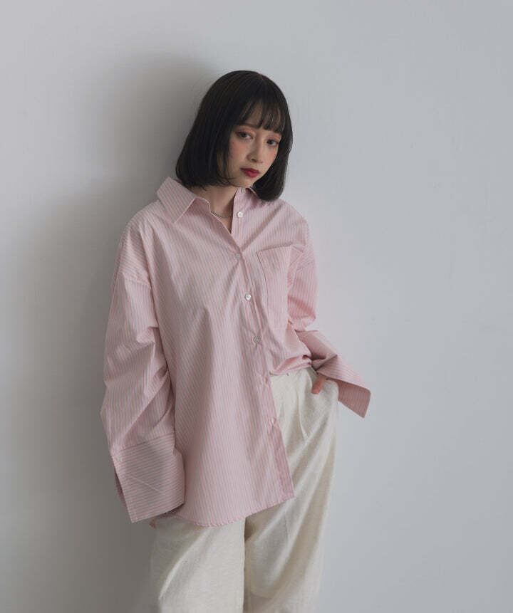 ぴんく　minitz ビックカフス ストライプシャツ FREAK'S STORE（フリークスストア）の「カラーストライプビッグカフス