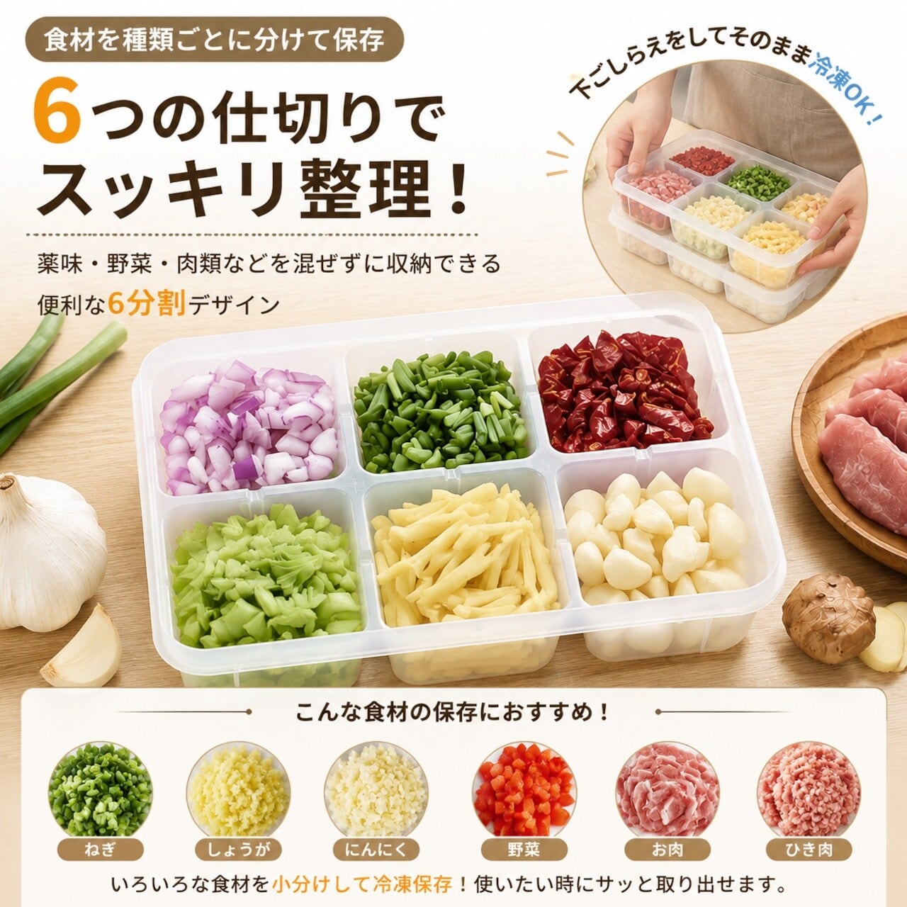 S48.【3個セット]】食品用 6分割 冷凍保存容器 作り置き・下味冷凍