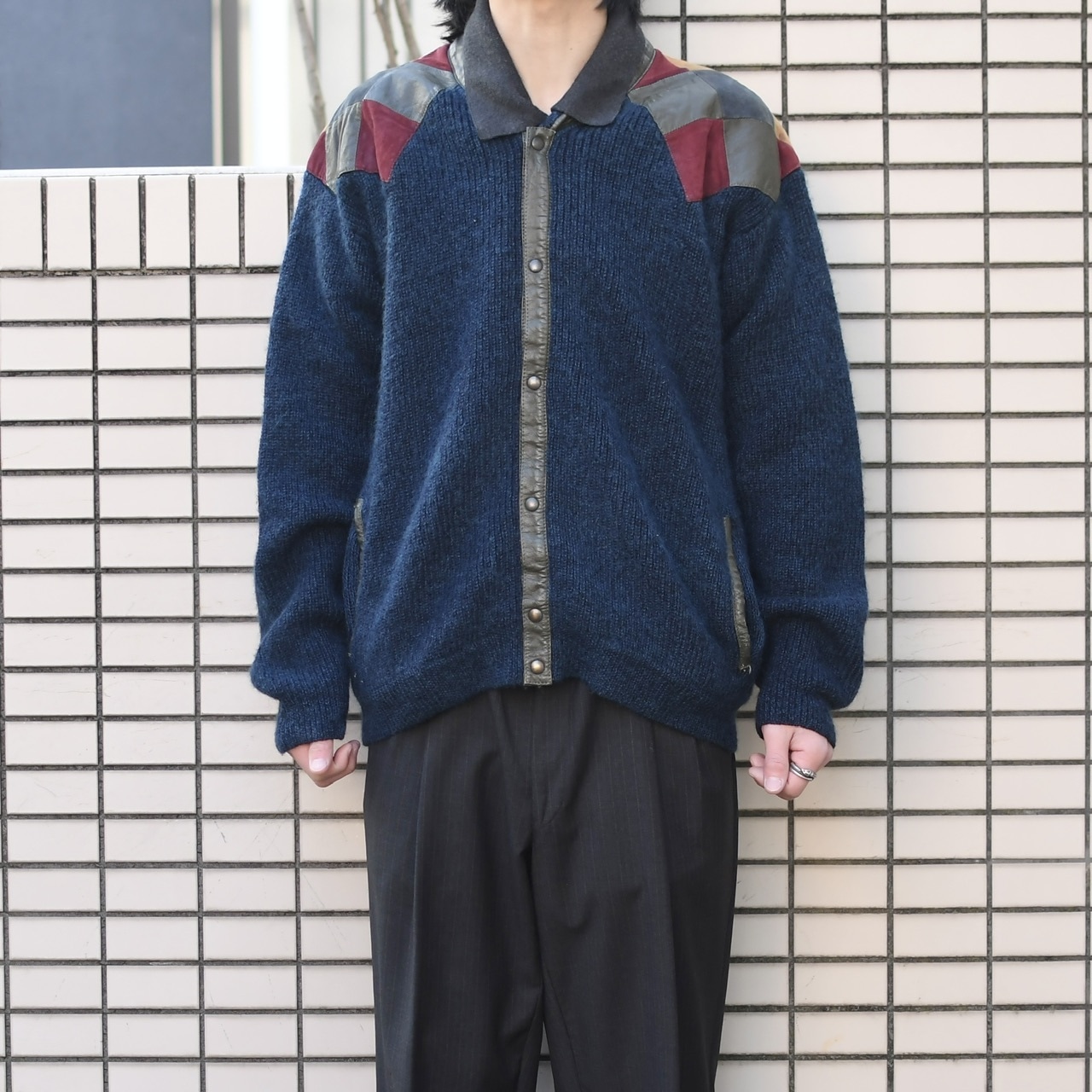 leather switching design knit blouson